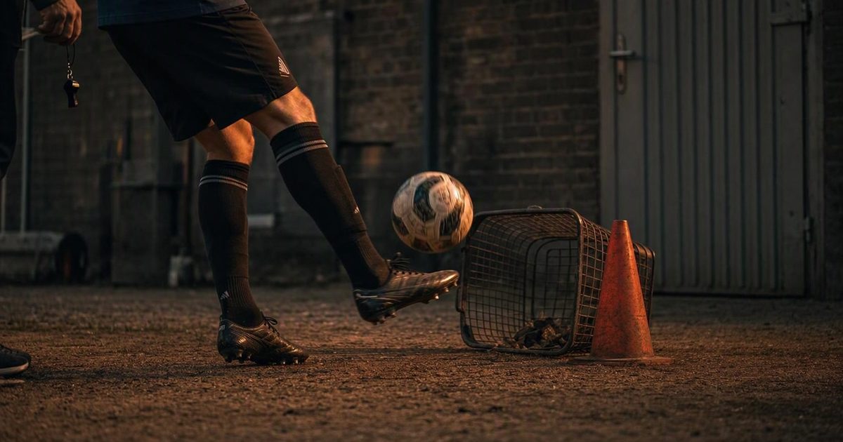 Low angle in copper dusk on a training-ground service yard, a football just leaving a boot toward a tipped laundry basket beside a plain metal door, the.