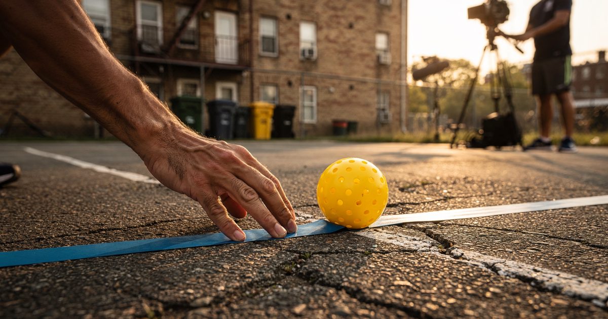 Low early-morning sun raking across cracked asphalt behind a low-rise Queens apartment block, a hand cropped at the wrist pressing blue court tape onto a chalk.