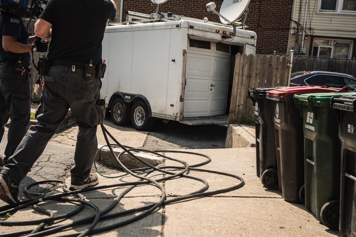 Midday glare on a residential garage ramp with a satellite broadcast truck wedged sideways across it, two technicians framed from the knees down stepping over.