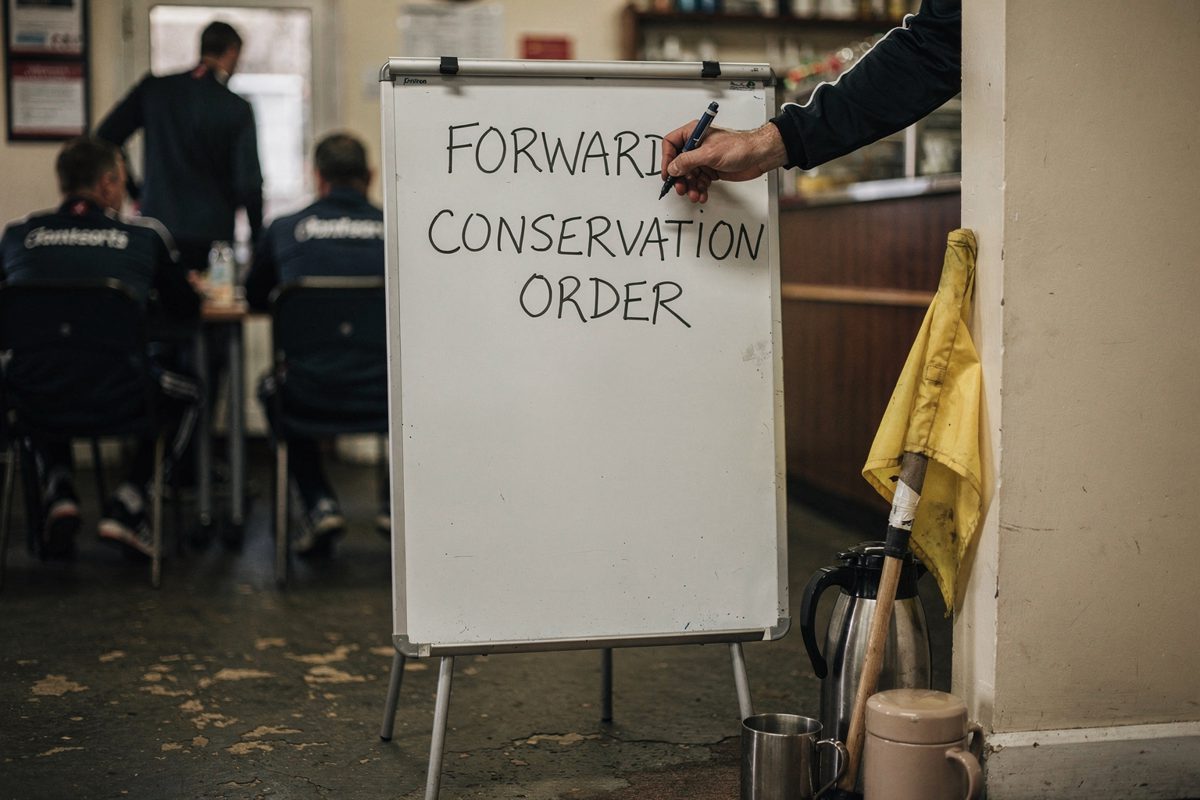 Afternoon light in a club canteen as a hand cropped at the wrist writes on a whiteboard reading "FORWARD CONSERVATION ORDER", a yellow flag leaning against the.