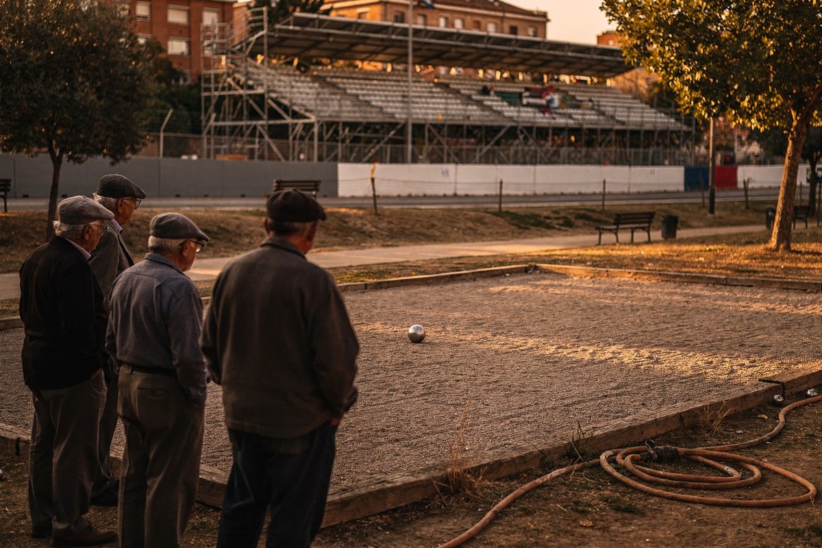 Wide shot at golden hour across a small neighbourhood petanque court bordered by railway sleepers in a Madrid park, five elderly players in flat caps seen from.