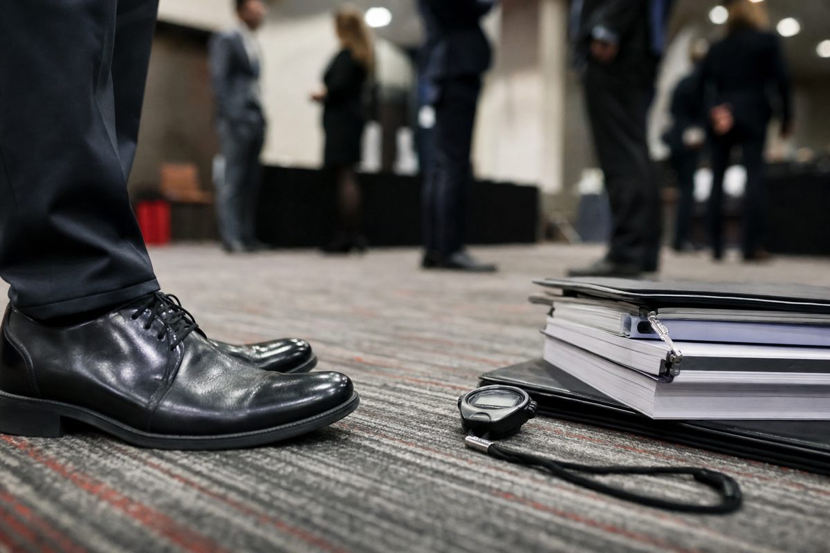 A close news photograph of polished formal shoes beside a stopwatch and stacked committee papers on a conference-room carpet, with blurred officials in the.