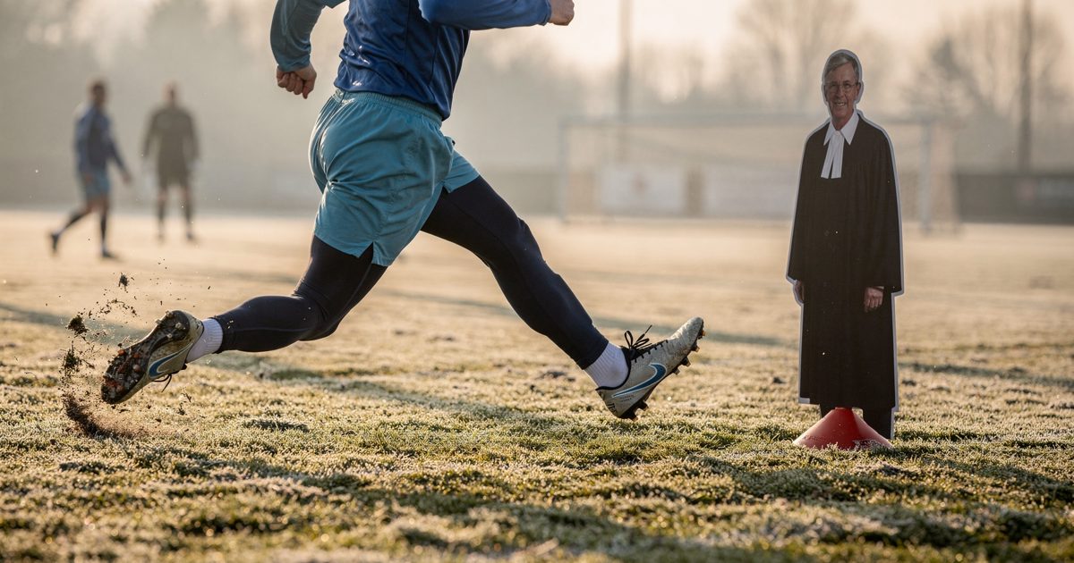 Low-level tracking shot across a frost-covered practice pitch just after sunrise, long shadows stretching across the grass, a player seen only from the waist.