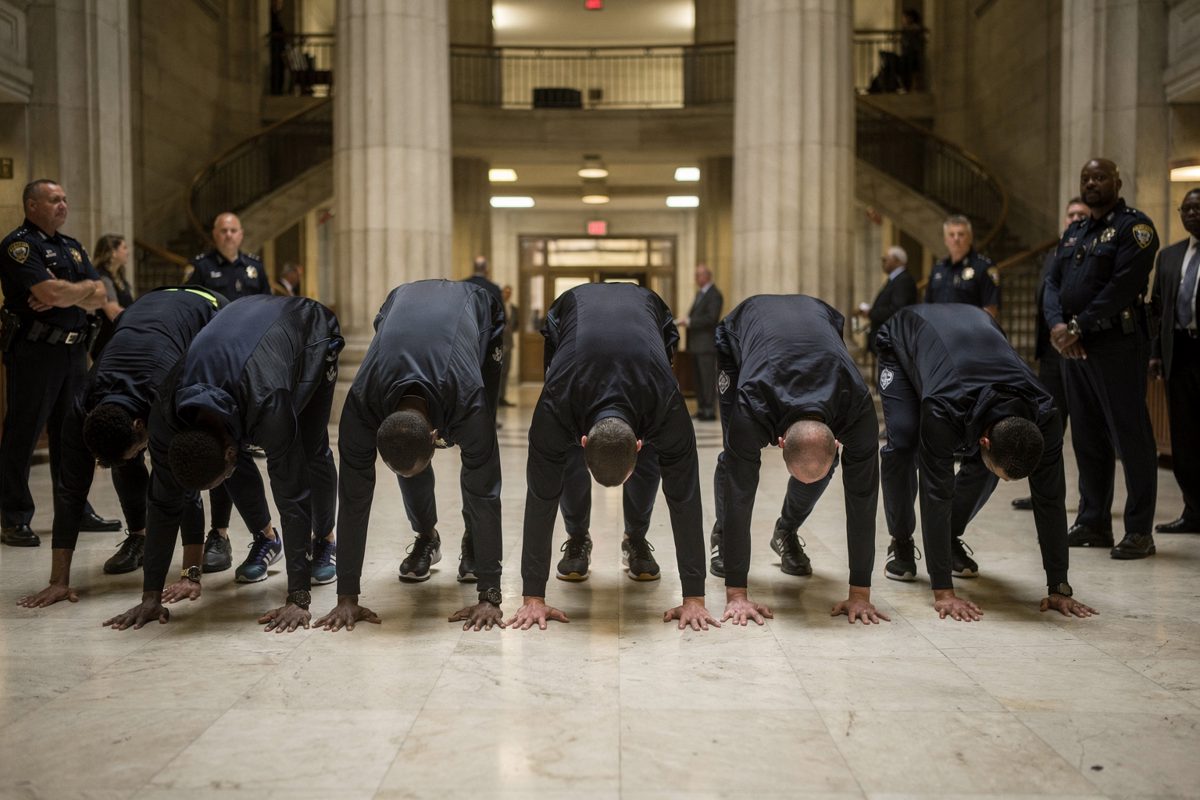 Wide shot inside a grand marble-floored courthouse lobby under cold overhead lighting, a line of men in matching dark tracksuits seen from behind touching.