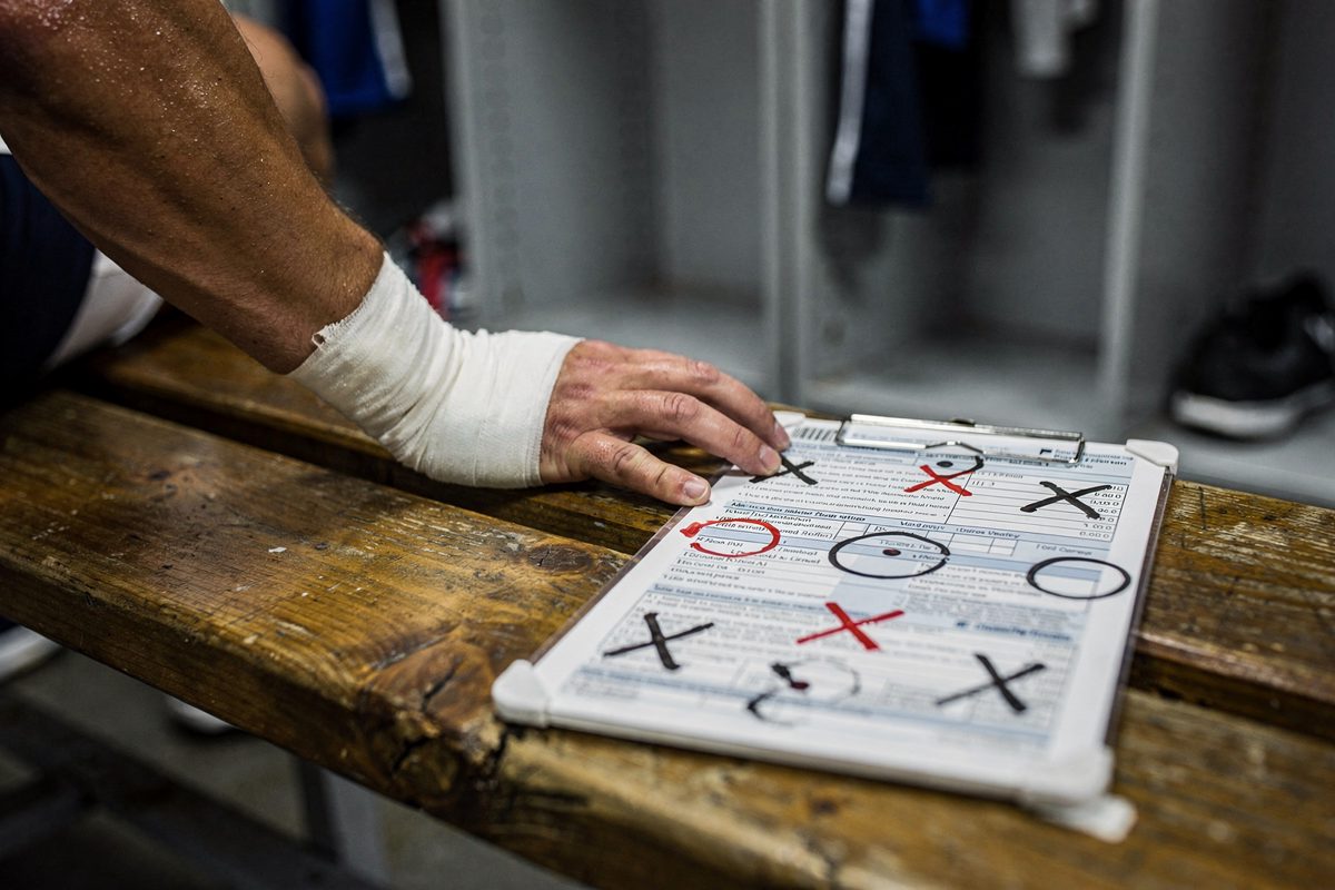 Close detail on a wooden locker room bench in flat fluorescent light, a heavily taped wrist resting next to a white tactical whiteboard showing defensive.
