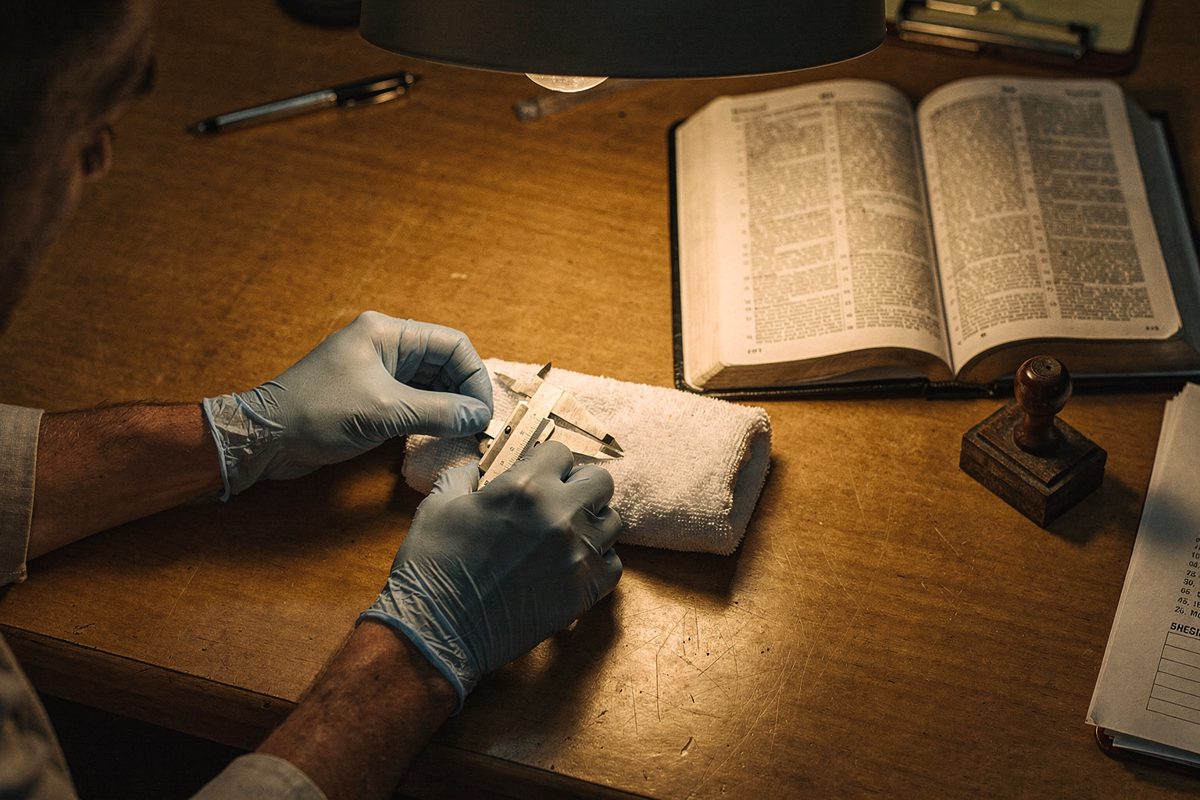Close overhead detail in a windowless office under a desk lamp, gloved hands measuring a folded white gym towel with steel calipers beside an open rulebook and.