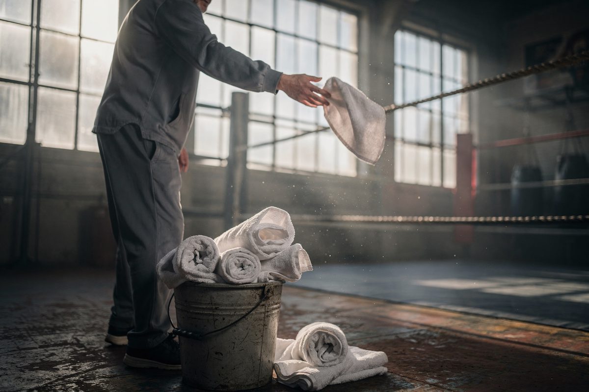 Dawn light through high gym windows as a cornerman framed from the shoulders down rehearses an underhand throw toward a rope strung between two posts, a bucket.
