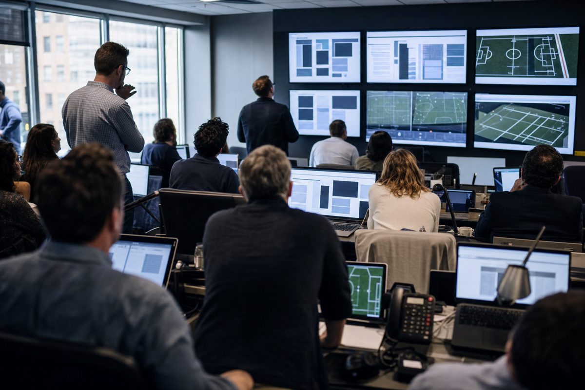 A newsroom during a tense editorial meeting, editors gathered around multiple screens showing abstract document layouts and football-style line graphics.