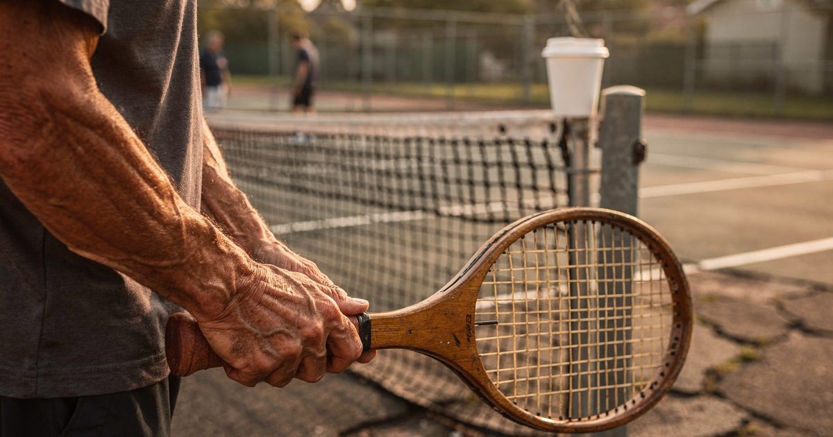 Close-up of weathered hands gripping a wooden tennis racquet handle at the baseline of a cracked suburban court, low golden Sunday-morning sun raking across.