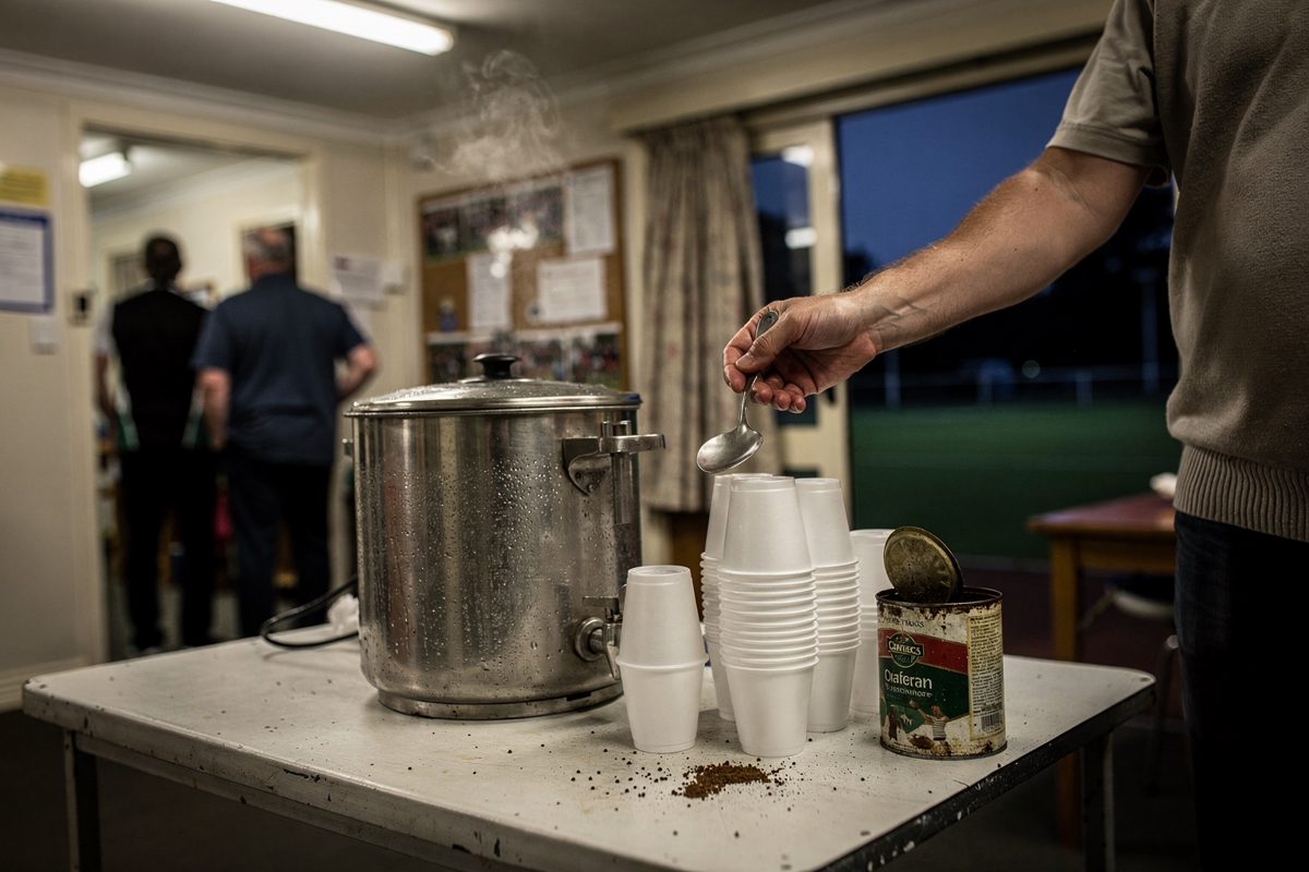Interior detail under fluorescent clubhouse light of a steaming tea urn on a trestle table beside a stack of foam cups and a tin of instant coffee, an.