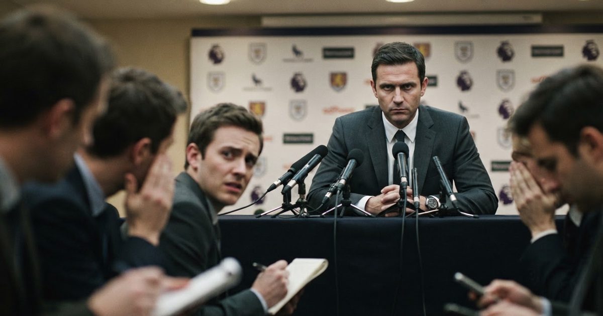 A sharply dressed football manager sitting at a press conference table behind a row of microphones, leaning forward with a terrifyingly blank, deadpan stare.