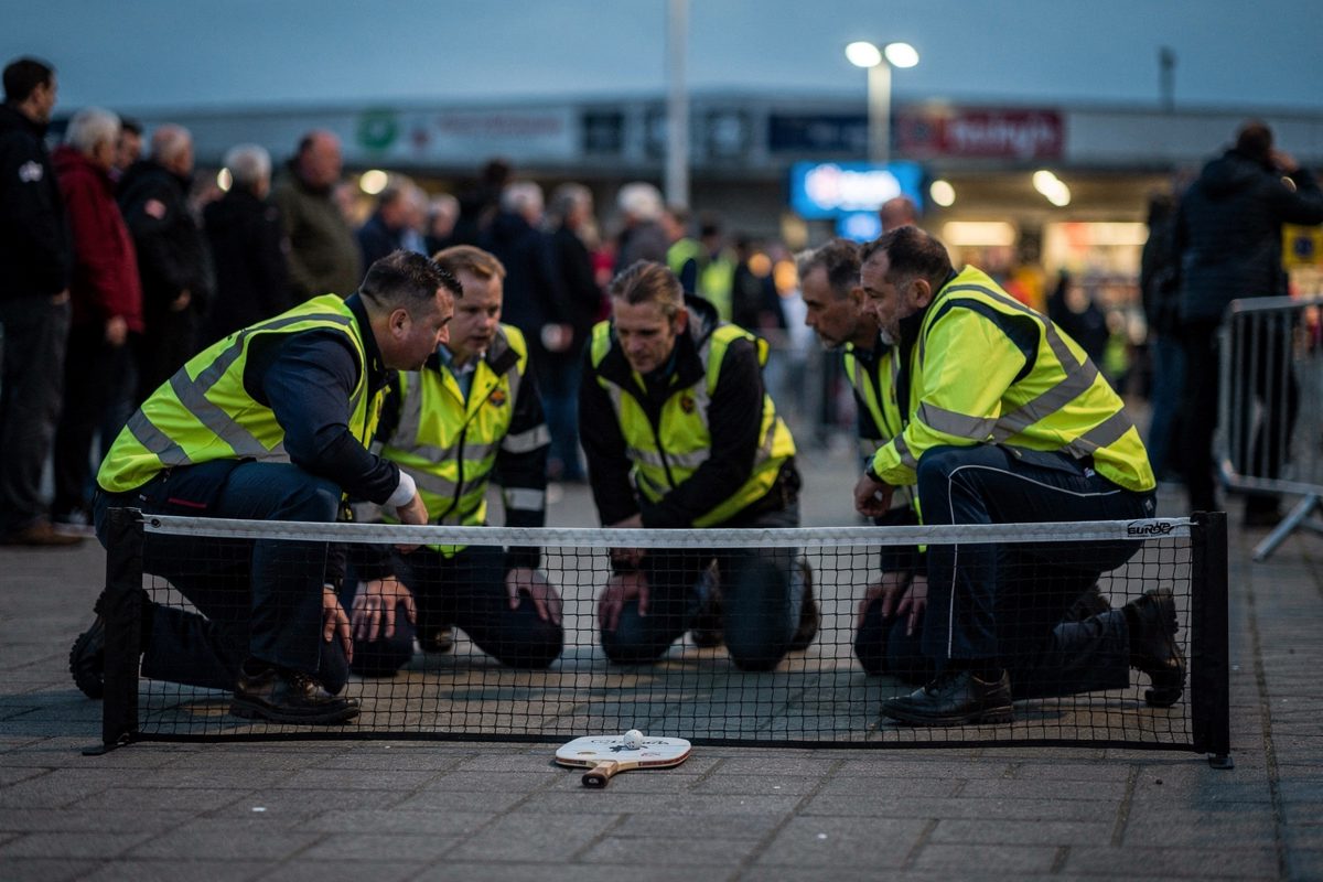 Dusk on a wide Croke Park concourse where high-visibility ushers crouch around a portable pickleball net, one paddle on the floor, a blurred crowd pressing in.