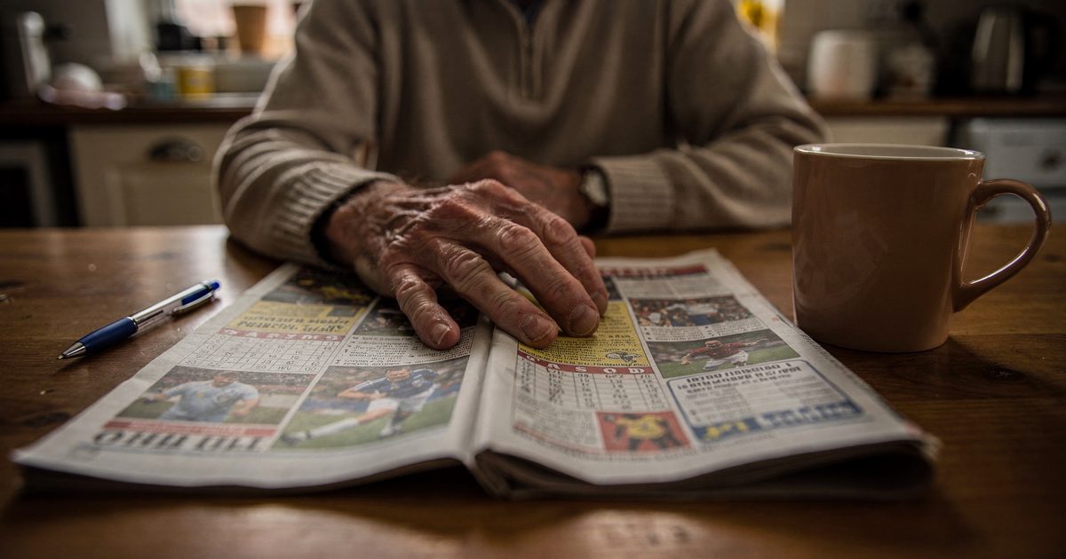 Low-angle shot across a kitchen table in warm early-morning light, a folded newspaper quiz page pressed flat under one weathered hand, a capped biro laid.