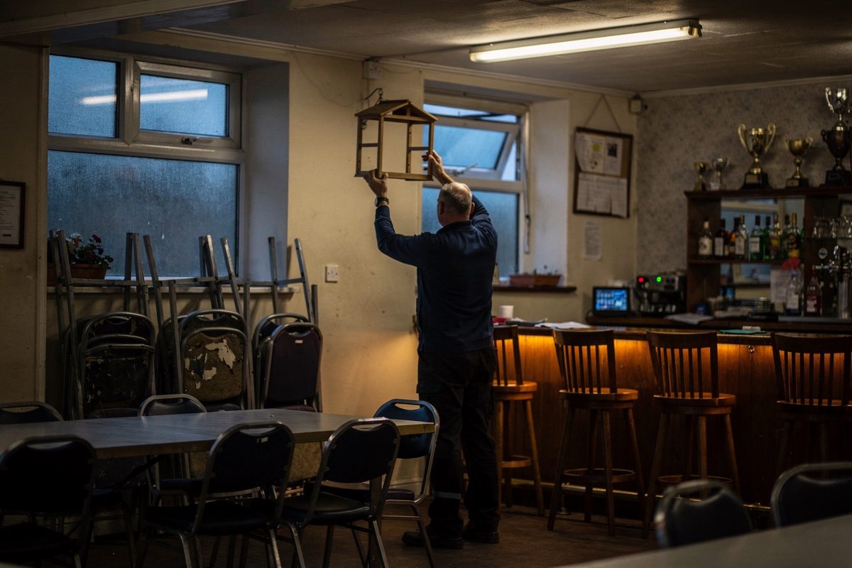 Wide dusk shot inside a northern social club function room as a caretaker seen in silhouette against the bar hangs a small glass display case on the wall.