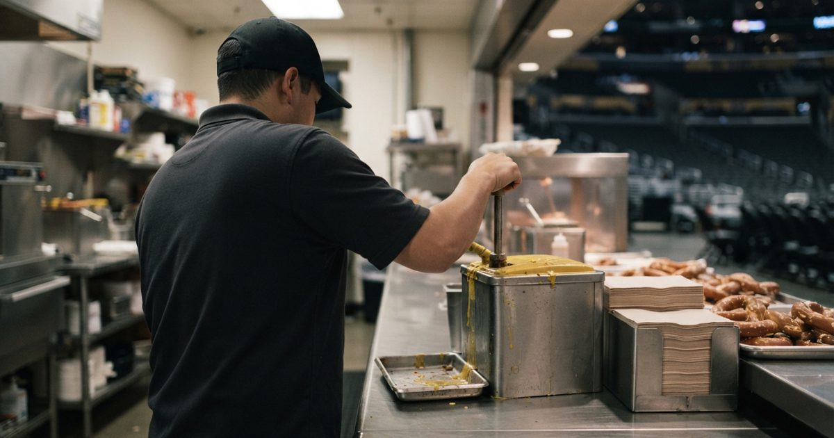 A realistic editorial news photograph inside a nearly empty basketball arena concession stand, showing a uniformed food-service worker from behind gripping a.