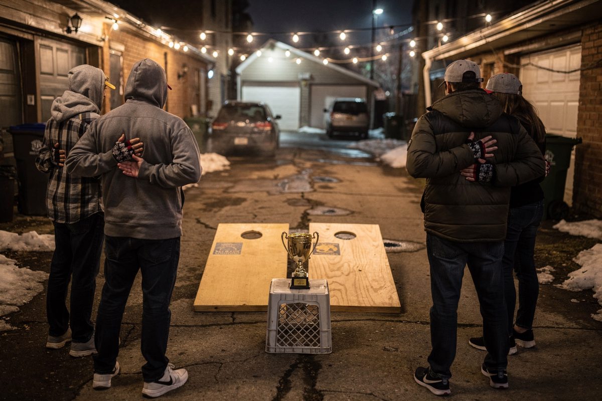 Wide shot down a Chicago alley on a cold Thursday night lit by string lights zigzagging between garage roofs, two teams seen from the back with caps held to.