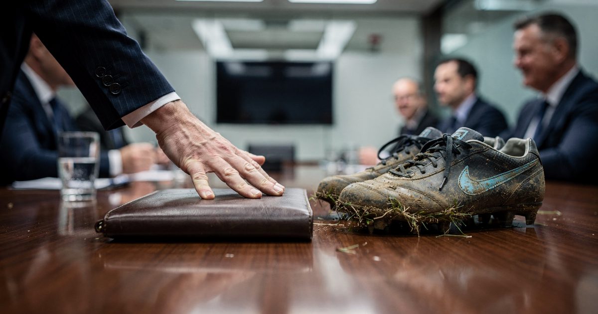Eye-level close shot under harsh fluorescent boardroom lights, a manicured hand in a pinstripe suit cropped at the wrist slamming a leather-bound legal pad.