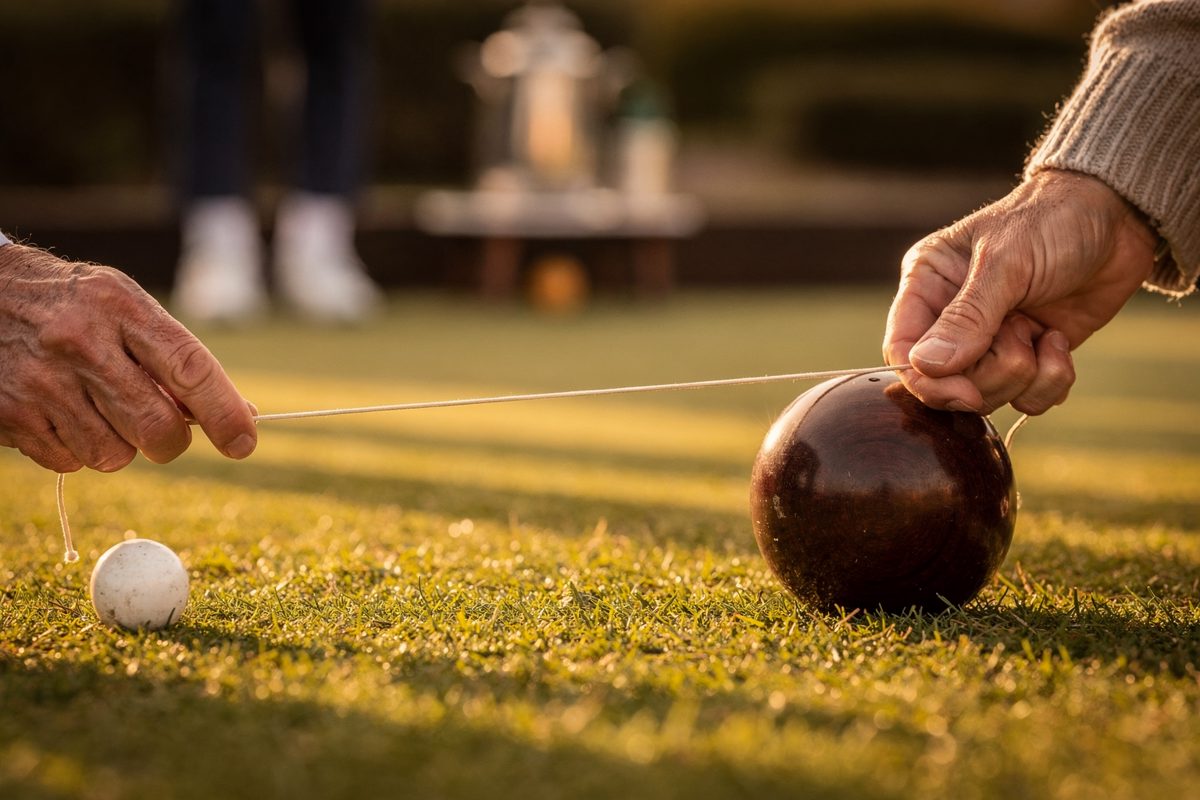 Tight close detail in golden low light on the turf of a bowling rink, a length of measuring string pulled taut between a white jack and a dark wooden bowl, two.