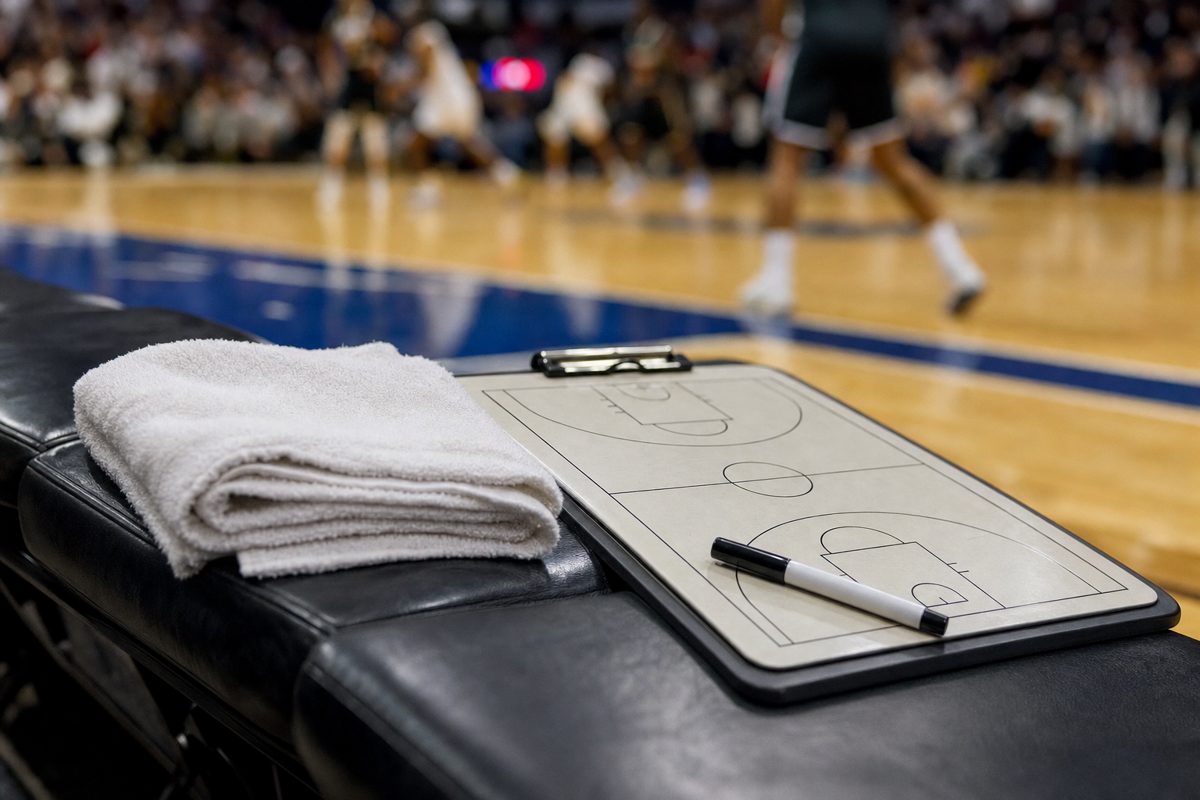 News-style close photograph of a basketball coach’s clipboard, dry-erase marker and folded towel resting on an arena bench, blurred court action in the.