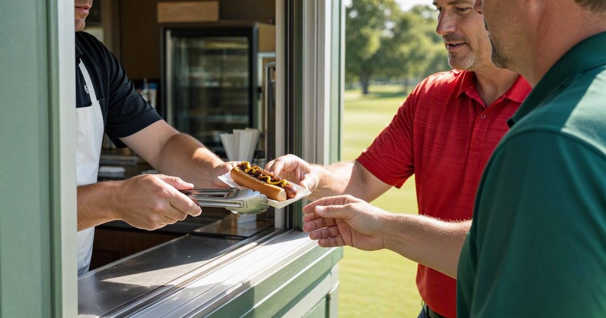 Mid-shot from inside a golf course halfway-house snack window in bright early-afternoon sun, a worker's arm cropped at the elbow holding a single hot dog in.