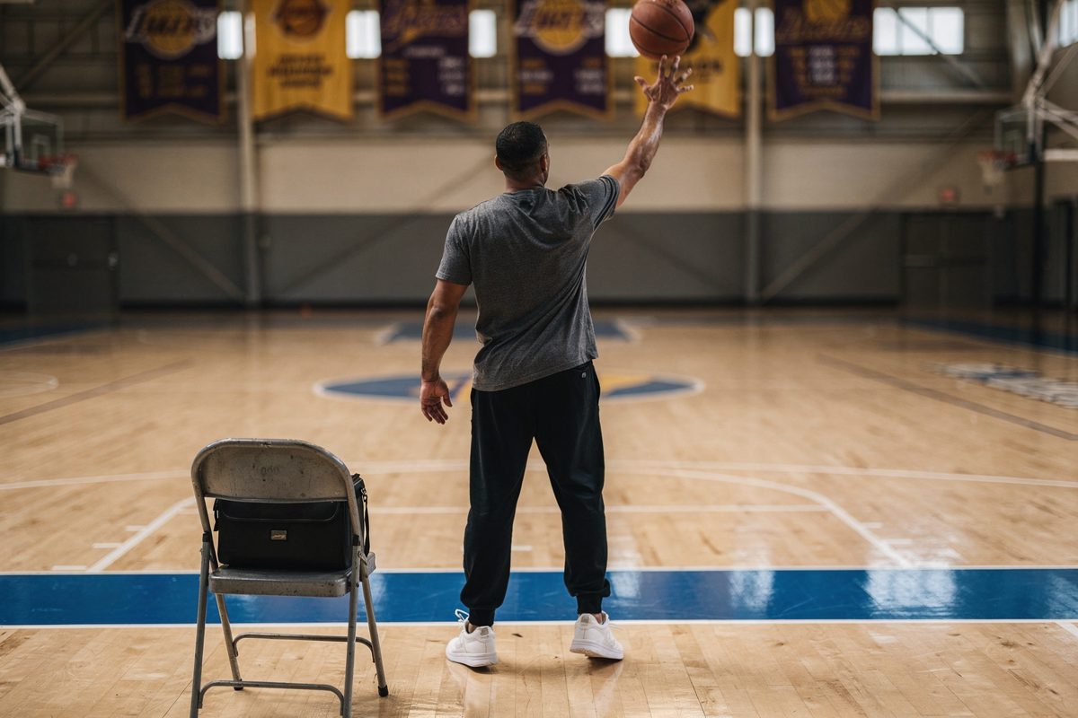 Wide shot from behind of a lone figure in street clothes releasing a one-handed jump shot in a cavernous practice gym at midday, championship banners overhead.