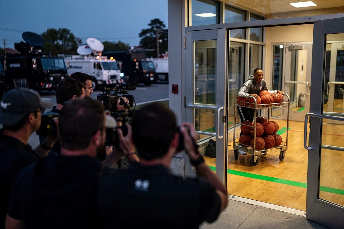 Dusk outside a suburban team practice facility as television satellite trucks idle at the curb and a part-cropped staffer wheels a ball cart through a glass.
