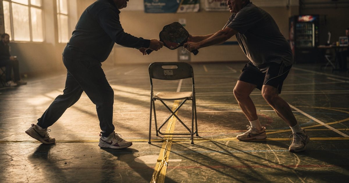Low evening sunlight slanting through high leisure-centre windows onto a pickleball court taped over old badminton lines, two players cropped at the waist.