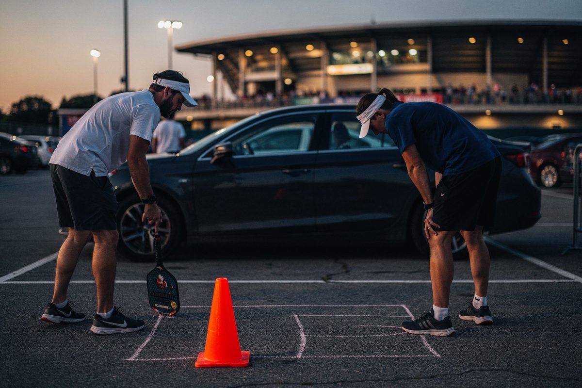 Dusk light in a player parking lot beside a tennis stadium as two visored figures seen from behind chalk a rectangle around a courtesy car, a pickleball paddle.