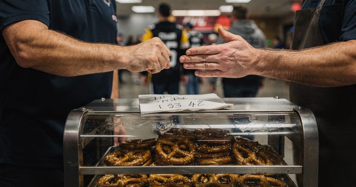 Close-up under harsh arena concourse fluorescents of two outstretched hands frozen mid-throw over a stainless pretzel cart, one fist and one flat palm, cropped.