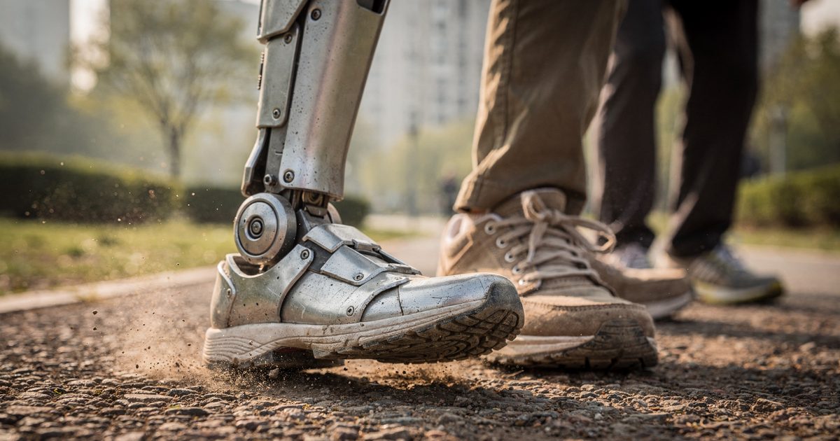Close-up at ground level on a gravel park path in early morning light, a metallic humanoid foot frozen mid-stride beside the worn canvas walking shoes of.