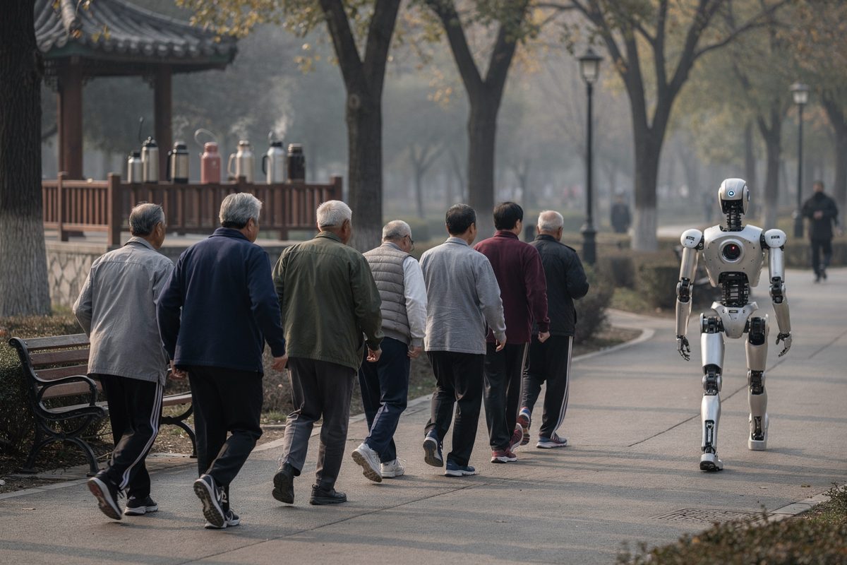 Wide shot of a tree-lined Beijing park loop at dawn, a strung-out line of elderly race-walkers pumping their arms seen from behind, a humanoid robot trailing.