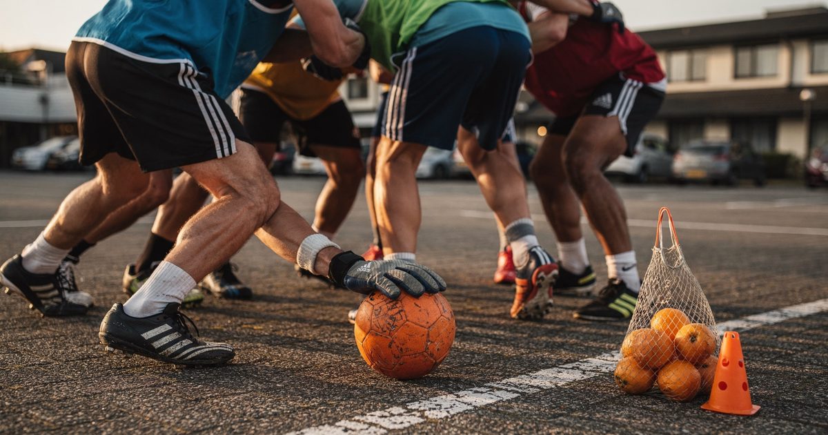 Shot from behind in late-afternoon sun, adult players in mismatched training bibs jostle at a faded white line on hotel car-park tarmac, one gloved hand.