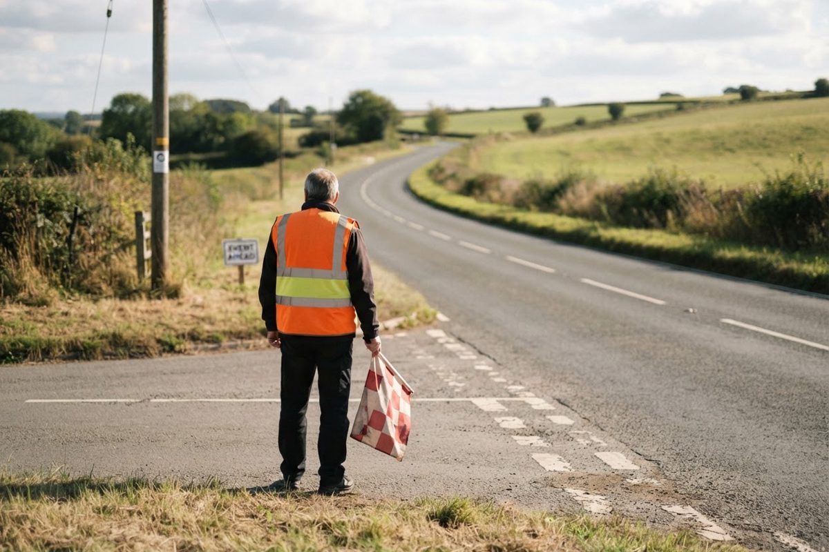 A lone race marshal in a high-visibility vest photographed from behind at a rural crossroads, holding a small flag, an empty sunlit road curving away into the.