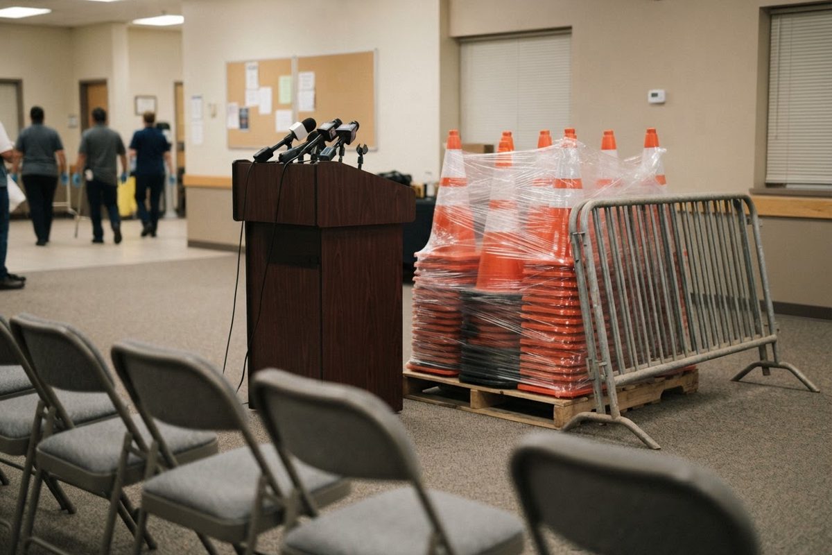 A press conference podium in a municipal hall, shot from the side, with a pallet of shrink-wrapped traffic cones and a folded road barrier standing.