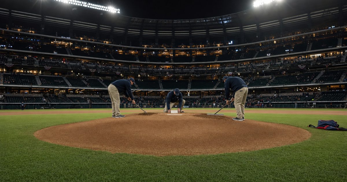 Wide news photograph of a professional baseball stadium before a night game, grounds crew carefully preparing the pitcher’s mound under bright floodlights, no.