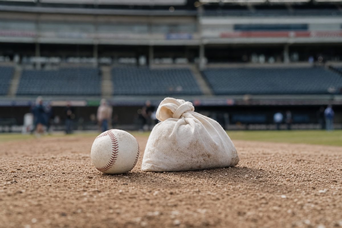 Tight documentary photograph of a baseball resting beside a rosin bag on a freshly groomed pitcher’s mound, empty stands softly blurred in the background.