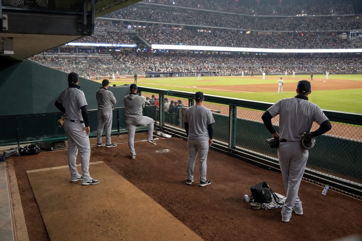 Realistic sideline news photograph of anonymous relief pitchers watching from a stadium bullpen during a game, faces turned away or obscured, dramatic field.