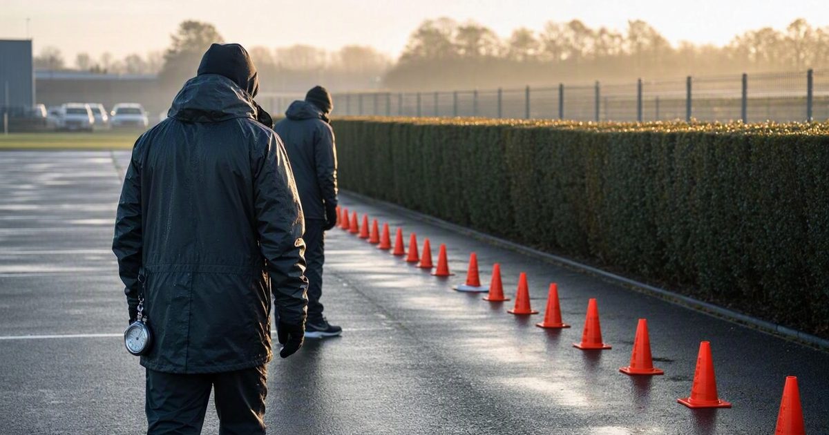 Low early-morning sun across a wet tarmac car park at a rugby training base, three figures in waterproof coats seen from behind placing a long line of orange.