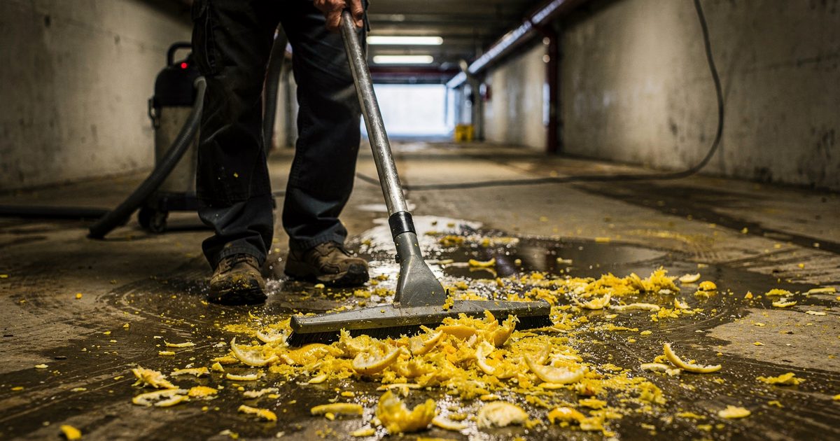 Low-angle shot in harsh fluorescent lighting down a concrete stadium tunnel, a stadium worker cropped at the waist dragging an industrial wet-vacuum over a.