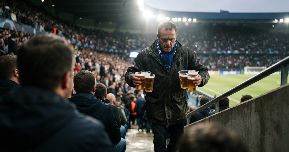 A dramatic, cinematic low-angle shot of a man intensely focused as he carries four dangerously full plastic cups of beer up steep concrete stadium stairs.
