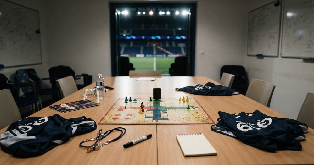 A realistic press photograph of an empty football tactics room after a major match, with a simple parchís board and colored counters placed on the central.