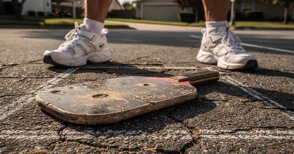 Close-up of a deeply scarred pickleball paddle resting on cracked, chalk-lined asphalt, bathed in harsh mid-day sunlight, with the blurred legs of an elderly.