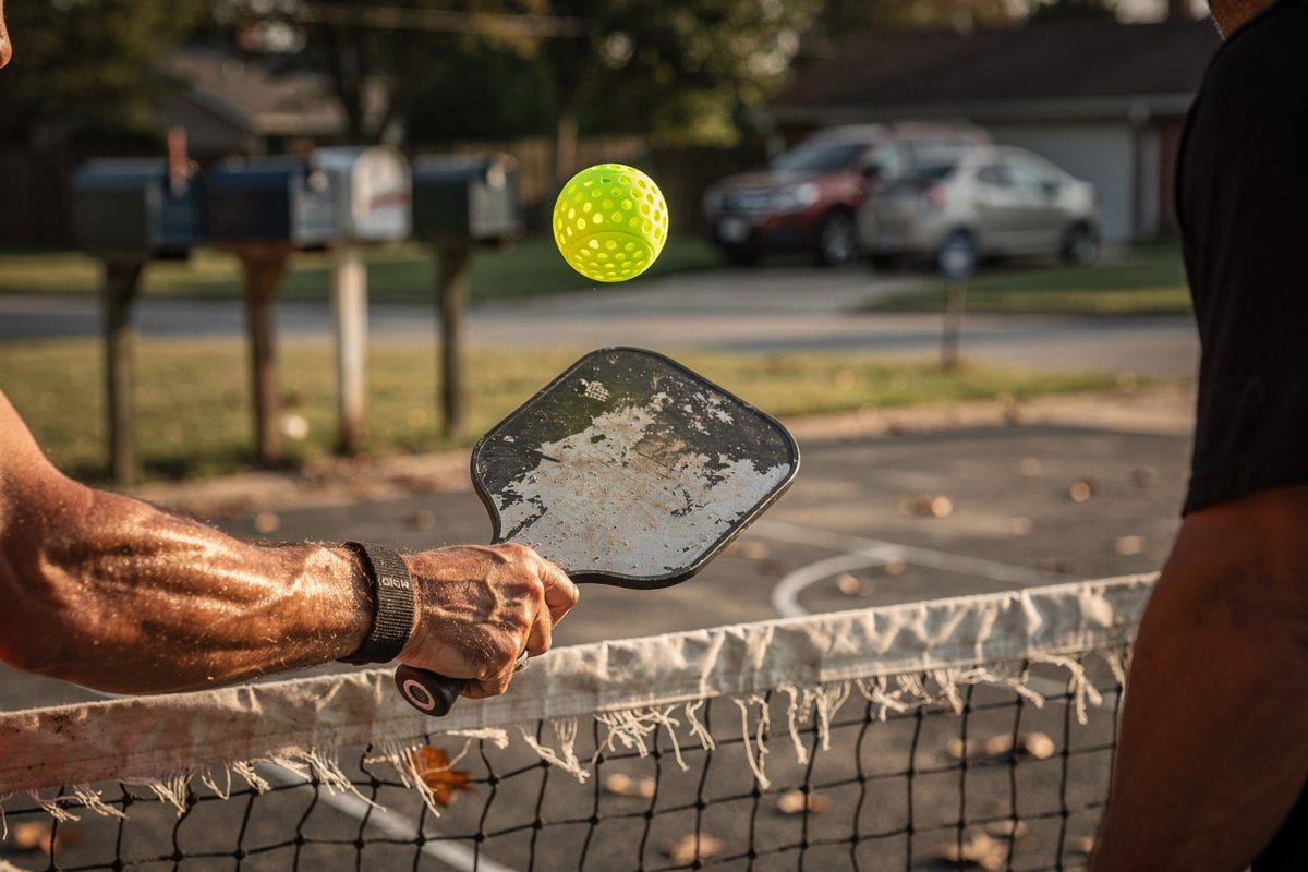 A tense sporting exchange captured from behind a sagging temporary net, showing the sweaty, sun-spotted hand of a player tightly gripping a paddle, ready to.