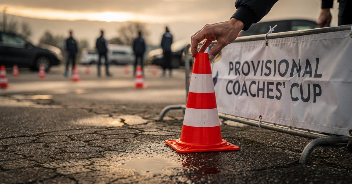 Close detail in low golden dawn light on cracked tarmac at a garden centre overflow car park, a hand cropped at the wrist straightening an orange traffic cone.