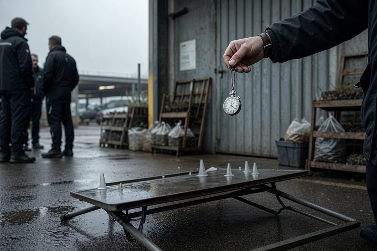 Tight low-angle shot in flat overcast light of a folding trestle table lying on its side on wet asphalt, a stopwatch swinging from a hand cropped at the elbow.