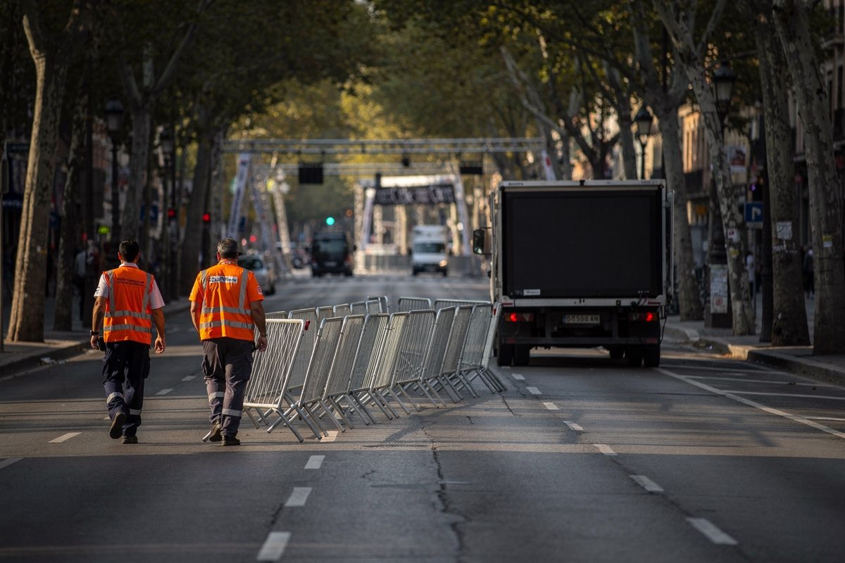 Wide shot at dawn along a broad Madrid boulevard lined with plane trees, three municipal workers seen from behind in orange vests dragging a row of steel crowd.