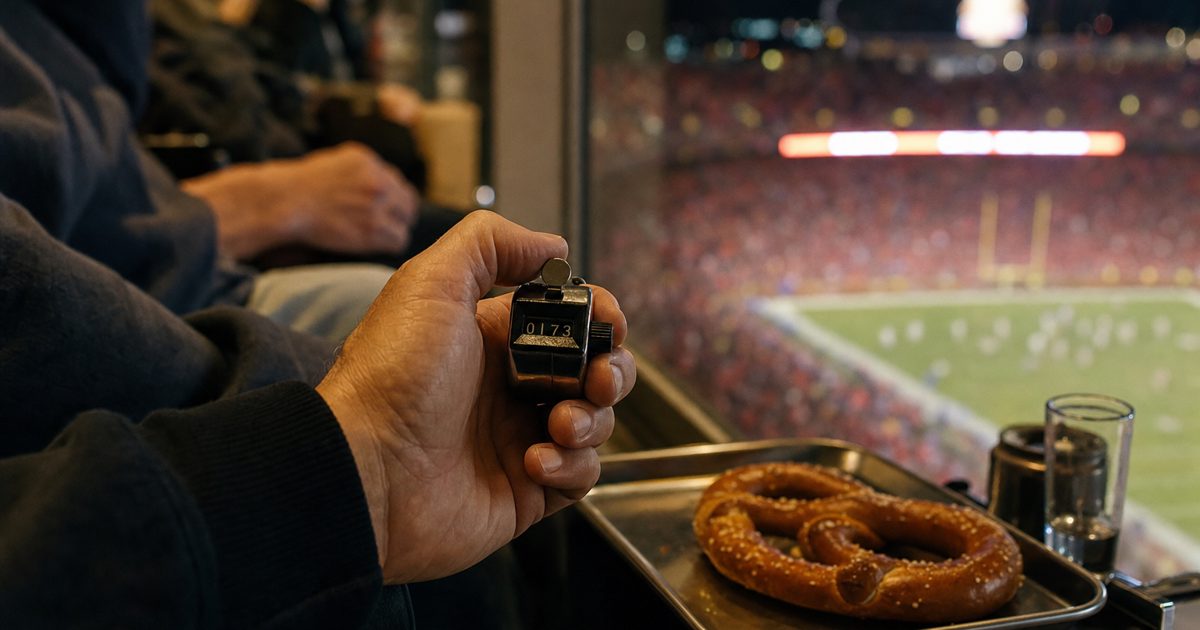 Close night-game shot inside a glass-fronted stadium luxury suite under mixed tungsten and stadium floodlight, a hand cropped at the wrist pressing a small.
