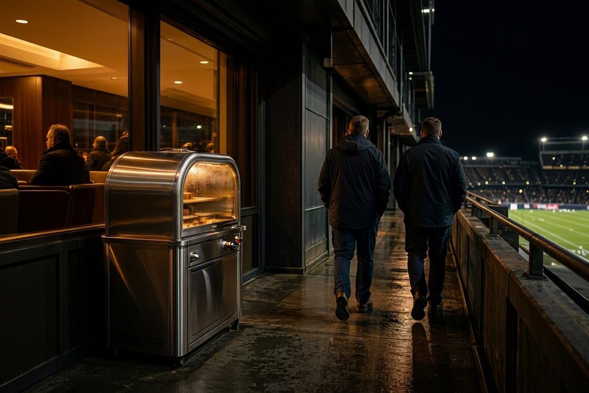 Wide after-dark exterior of an NFL stadium suite terrace, two figures seen from behind in casual jackets walking past a stainless pretzel warmer as gold.