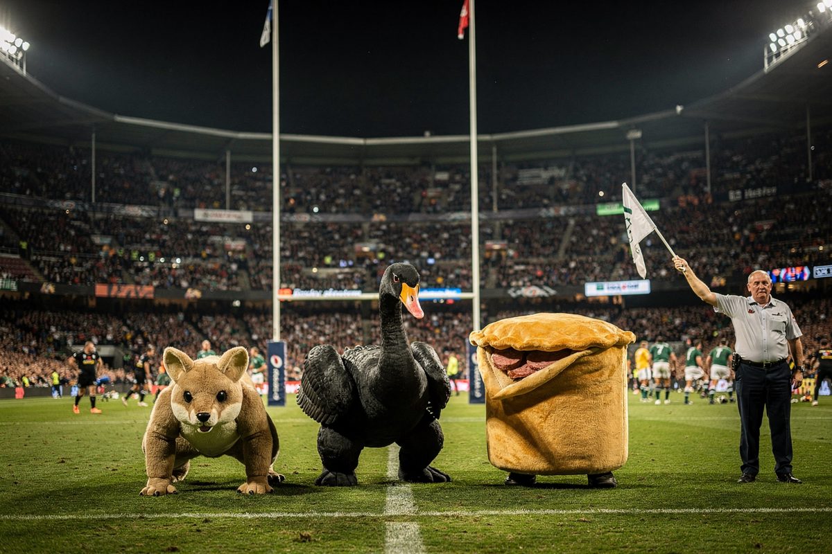 Wide shot from the upper tier of a packed stadium bowl under white floodlights, three bulky mascot costumes, a quokka, a black swan and a meat pie, crouched.
