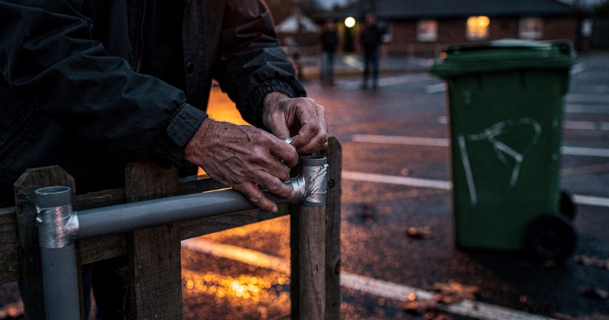 Close-up at dusk of weathered hands taping a short length of grey drainpipe to a wooden fence post at knee height in a pub car park, tarmac wet under low.